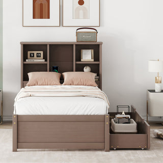 Modern Walnut Platform Bed with Integrated Bookcase Headboard & Charging Station thumbnail 10