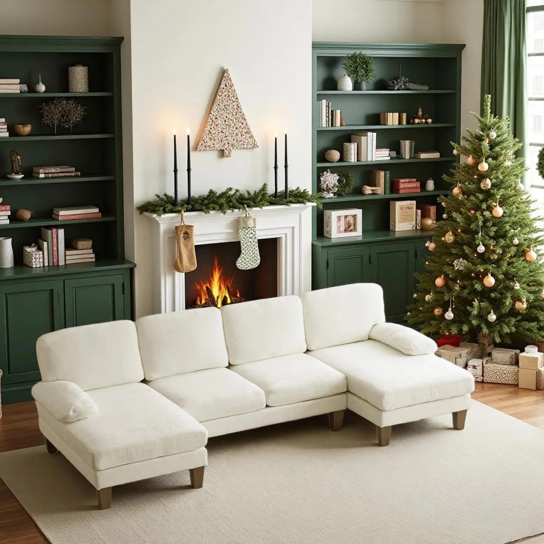 Serene U-Shaped Sectional Sofa with Double Chaise Lounge in Cream Chenille