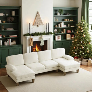 Serene U-Shaped Sectional Sofa with Double Chaise Lounge in Cream Chenille thumbnail 1