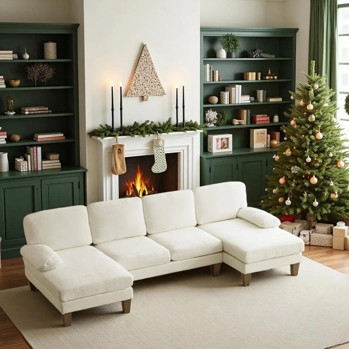 Serene U-Shaped Sectional Sofa with Double Chaise Lounge in Cream Chenille