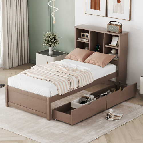 Modern Walnut Platform Bed with Integrated Bookcase Headboard & Charging Station