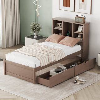 Modern Walnut Platform Bed with Integrated Bookcase Headboard & Charging Station thumbnail 11