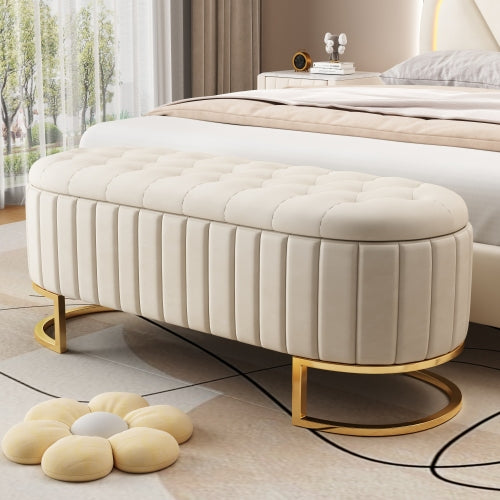 Luxembourg Velvet Storage Ottoman – Elegant Fluted Bench with Gold Base