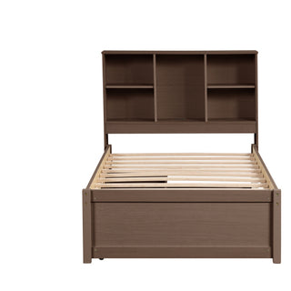Modern Walnut Platform Bed with Integrated Bookcase Headboard & Charging Station thumbnail 5