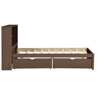 Modern Walnut Platform Bed with Integrated Bookcase Headboard & Charging Station thumbnail 3