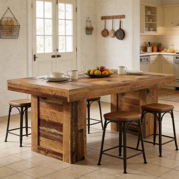 Heritage Reclaimed Wood Dining Table with Industrial Block Pedestal