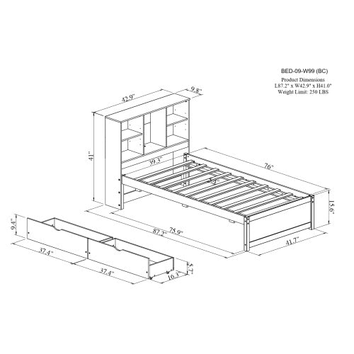 Modern Walnut Platform Bed with Integrated Bookcase Headboard & Charging Station alternate view