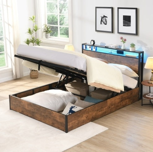 Smart Storage Platform Bed with Integrated LED Lighting & USB Charging Station