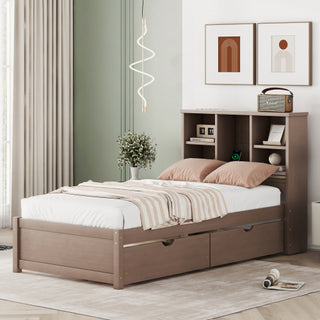 Modern Walnut Platform Bed with Integrated Bookcase Headboard & Charging Station thumbnail 8