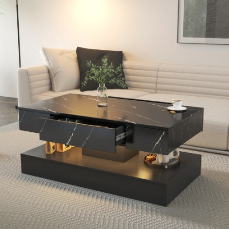 Modern Marble-Texture Coffee Table with Integrated LED Lighting & Hidden Storage